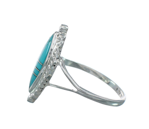 Genuine Turquoise And Silver Inlay Jewelry Ring Size 7-3/4 TX10073